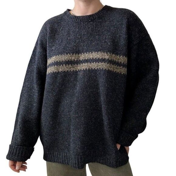 Vintage 1990s EMS Mens Wool Charcoal Gray Striped Chunky Distressed Sweater XL - Picture 8 of 10